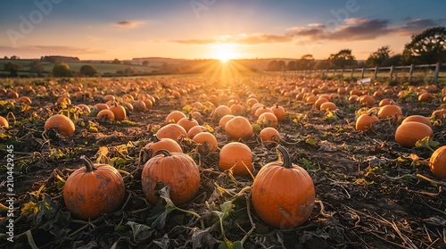 Orange pumpkins growing in a rural field during a golden sunset autumn harvest landscape photography