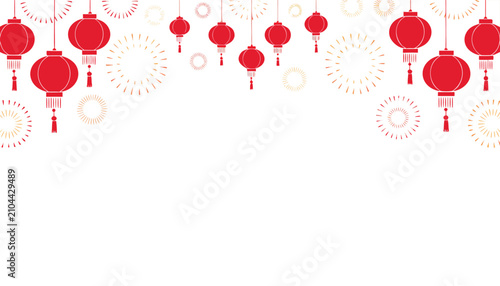 Bilde på lerret Multiple red chinese lanterns and fireworks adorn top of white background