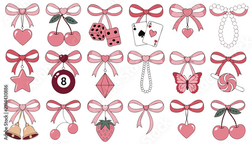 Vászonkép Set of pastel bows with dangling charms for fashion and decor
