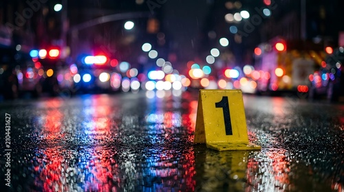 Crime Scene Evidence Marker on Wet Street at Night
