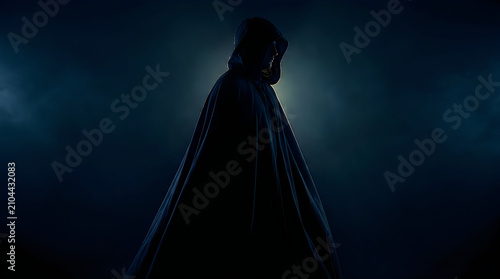 Mysterious person wearing a dark hooded cloak in the night illustration
