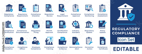 Cuadro en lienzo Regulatory compliance icon set featuring legal requirements, monitoring, assessment, documentation, certification, policy updates, training, and corrective action symbols