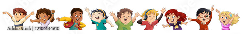 Group of cheerful children of different ethnicities, isolated illustration