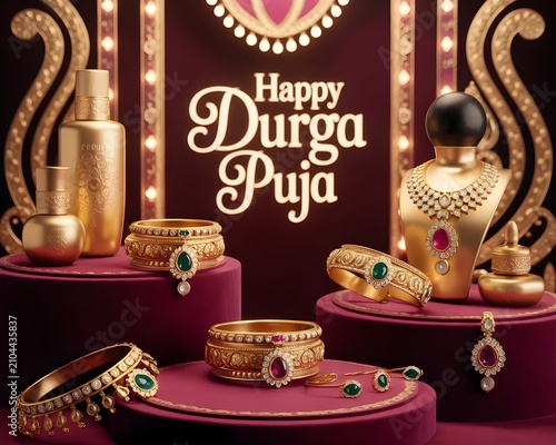 Exquisite Golden Jewelry Collection Displayed for the Festive Durga Puja Celebration Featuring Elegant Gemstone Ornaments and Traditional Indian Accessory Designs