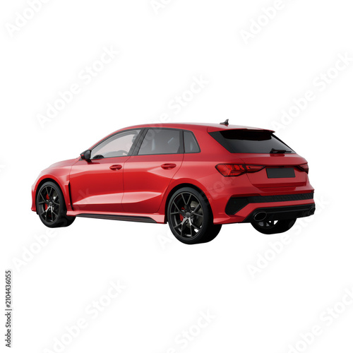 Hatchback performance car showcases a vibrant red body color and aggressive rear styling designed for high-speed urban commuting.