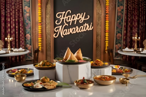 A Sophisticated Restaurant Marketing Display Featuring A Traditional Festive Indian Feast With Diverse Vegetarian Gourmet Dishes For Celebrating Navaratri