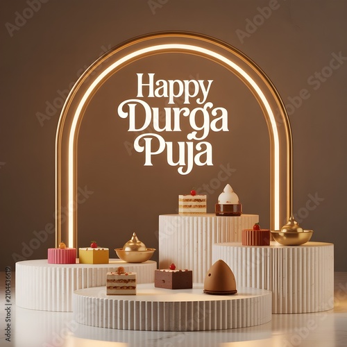 Luxury Happy Durga Puja Festive Celebration with Gourmet Traditional Indian Sweets Displayed on Modern Pedestals for Holiday Greetings