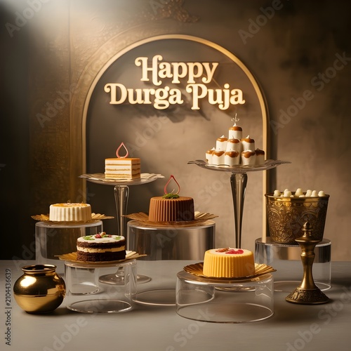 Elegant Premium Dessert Display for Happy Durga Puja Celebration with Sophisticated Gold Accents and Artistic Festive Confectionery Arrangement