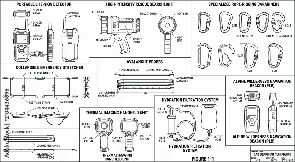 Obraz premium Technical Schematic Illustration of Specialized Search and Rescue Equipment and Emergency Survival Gear Components