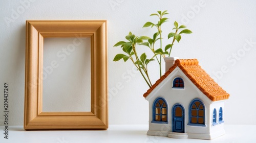 Golden wooden frame with miniature house and plant.