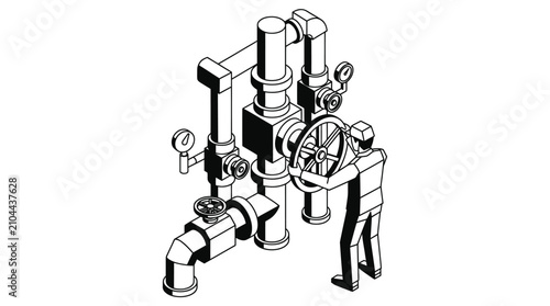 Cuadro en lienzo Operator controlling industrial valve manifold piping system.