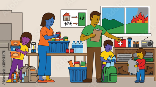 Family Preparing Emergency Disaster Survival Kit at Home