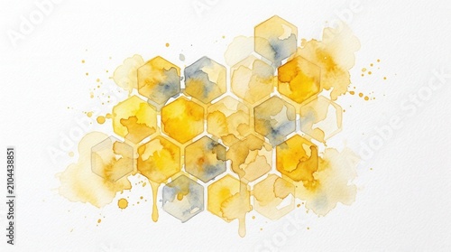 Watercolor painting featuring a continuous honeycomb design with yellow honeycombs on an adorable abstract white background.