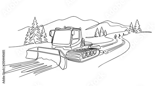 Картината върху платно Continuous Line Drawing of a Snowcat Grooming a Ski Slope with Mountains and Tre