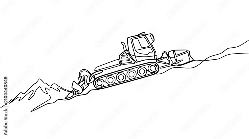 Naklejka premium Snow groomer machine on a slope, mountain landscape, continuous line art drawing