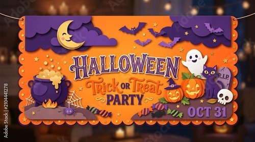 Festive halloween party banner with pumpkins ghosts and spooky decorations for october 31st celebrations