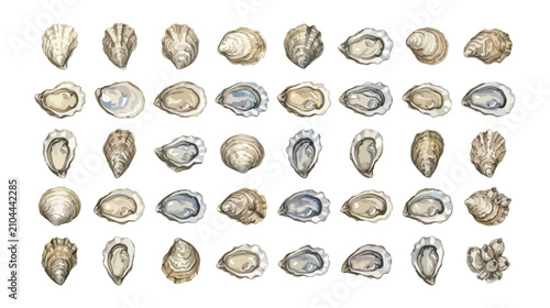 Obraz na płótnie Watercolor oyster shell collection, 40 hand-drawn oyster illustrations, natural