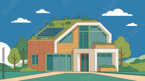 Bild auf Leinwand Modern Eco-Friendly Sustainable House with Green Roof and Solar Panels