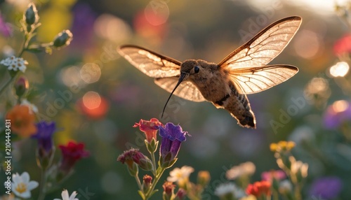 Hummingbird moth hovering over vibrant colorful garden flowers at sunset
