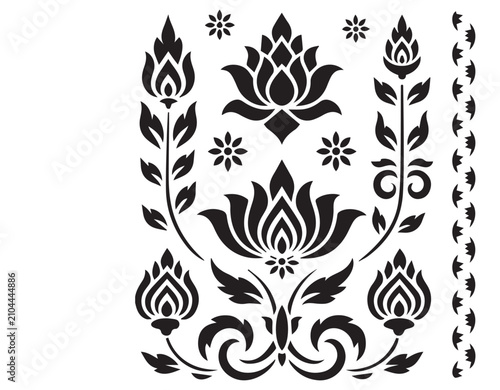 Obraz na plátně Traditional oriental lotus flower motifs with floral damask ornament elements ve