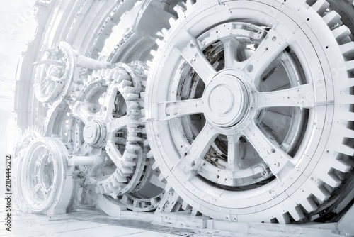 A massive mechanical gear system made of pristine white metal, futuristic clockwork, monumental scale, clean sci-fi aesthetic, soft diffuse lighting, abstract background.