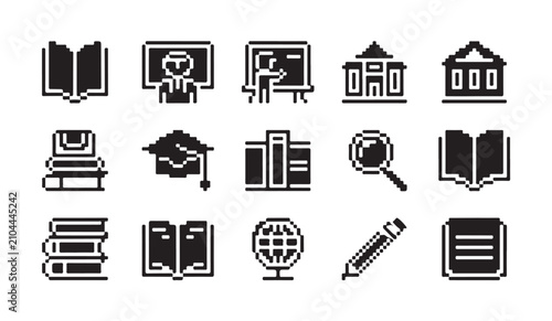 Pixel art education icon set featuring books graduation cap and classroom teaching tools.