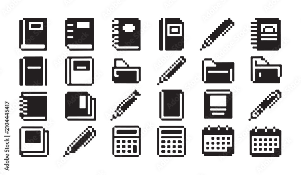 Fototapeta premium Pixelated school supplies and stationery items, organized digital assets for office work.