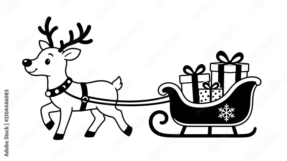 Fototapeta premium A cartoon reindeer pulling a sleigh full of gifts, ready for Christmas