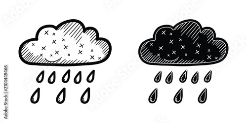 Fotografi Hand drawn doodle set of rainy clouds with light and heavy precipitation icons