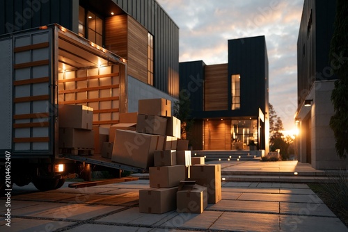 Boxes are unloaded from a truck in the evening at a modern residential area