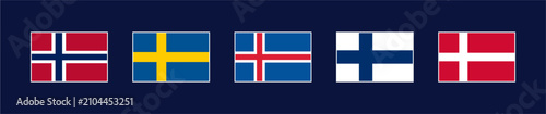 Fotografi Vector illustration featuring the flags of Norway, Sweden, Finland, Denmark, and Iceland on a dark blue background