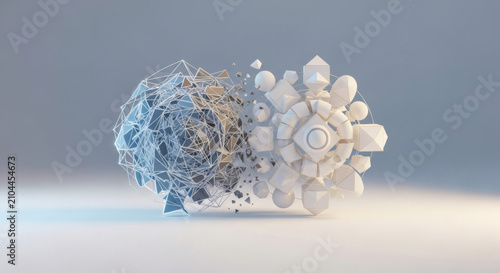 Abstract 3D rendering representing the concept of transition from geometric order to chaotic shattered particles