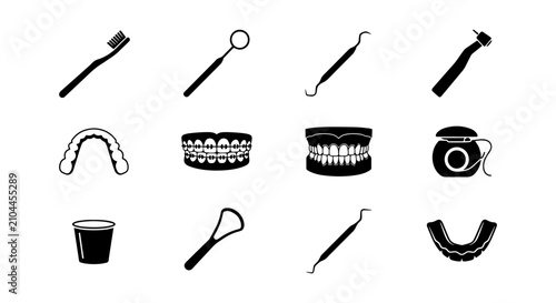 Dental Care Icons, Oral Hygiene Tools, Teeth Cleaning Equipment, Vector Set