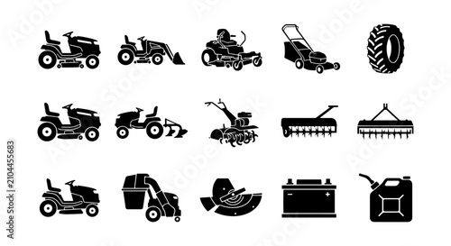 Tableau sur toile Gardening and Lawn Care Equipment Icons, Agricultural Machinery Vector Set, Outd