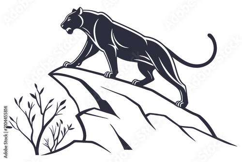Black silhouette of a panther standing on a mountain cliff side isolated on white background.