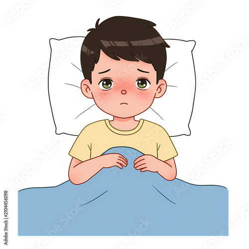 Sick little boy lying in bed with a fever wearing yellow pajamas looking very tired