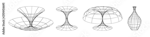 Принти на полотні Four 3D wireframe rotational surfaces including funnel, hourglass, dome, and bot