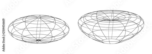 Bild auf Leinwand 3D wireframe sphere and deformed spheroid with concave indentation, abstract geo