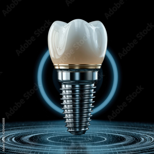 Premium Dental Implant Model Suspended in Floating Blue Digital Interface Rings