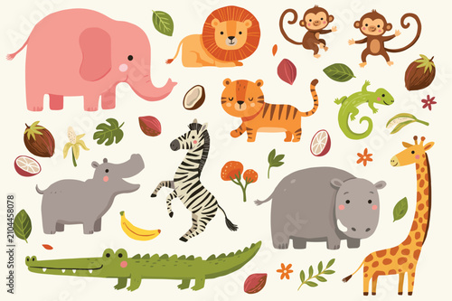 Canvas Print Collection of cute hand-drawn safari animals including a pink elephant, tiger, z