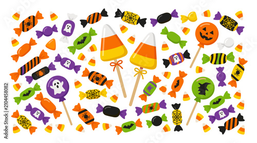 Halloween candy and sweets assortment with spooky icons. Vector illustration of festive treats, lollipops, and party decorations for seasonal designs.