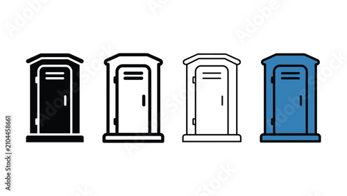 Four portable toilet illustrations in varying styles including black white outline line art and blue fill
