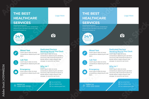 Medical health care flyer brochure template design, flyer template of medical care with white background for text in A4 size, space for picture and blue wavy lines decoration. vector ... Corporate hea