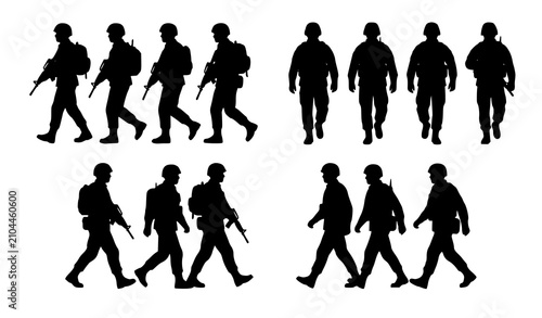 Canvas Print Military Soldiers Walking in Formation Silhouette Vector Collection