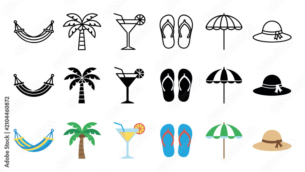 Obraz premium Summer vacation beach icons collection featuring hammocks, palm trees, cocktails, flip-flops, umbrellas, and sun hats in various styles.