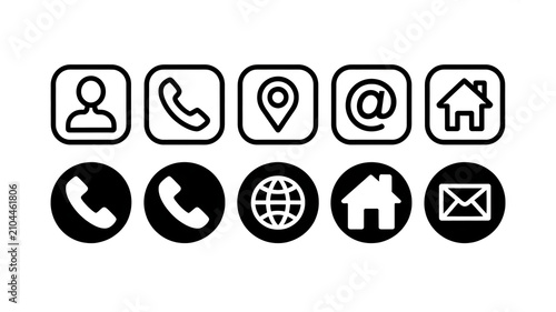 Contact icons set with person phone location mail and home symbols in outline and filled styles