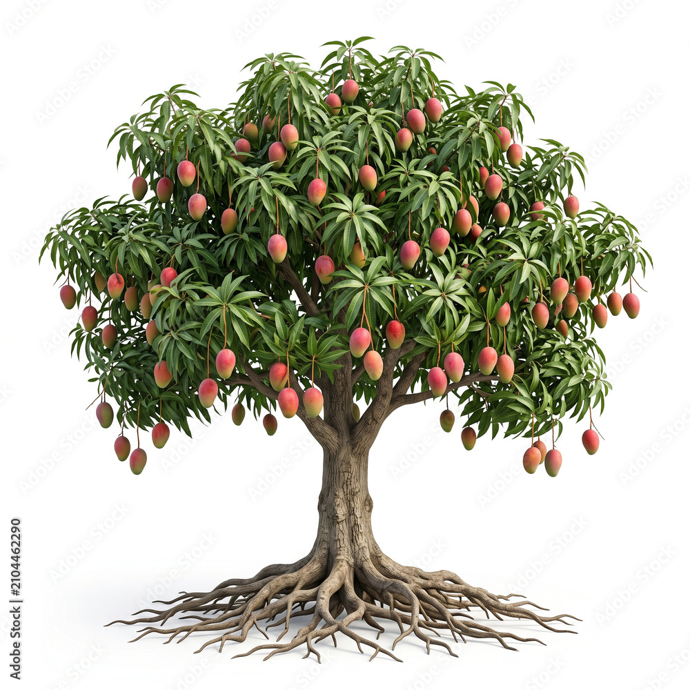 Fototapeta premium Valencia Pride mango tree, mature full tree bearing long colorful mangoes with red blush, exposed visible roots, 11 ratio, isolated on seamless pure white background