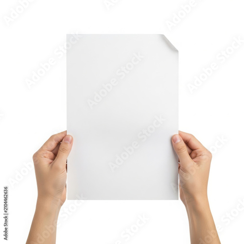 Person holding blank white paper with both hands isolated on transparent background