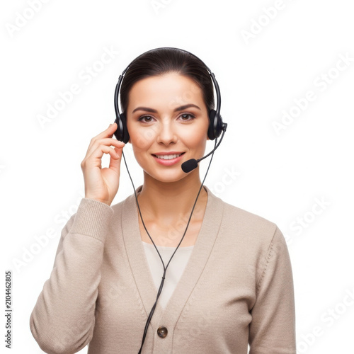 Professional woman talking on headset with friendly smile isolated on transparent background