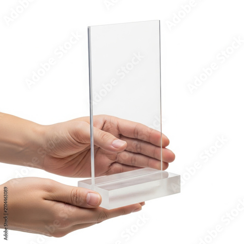 Person holding up a flat tablet or display device isolated on transparent background